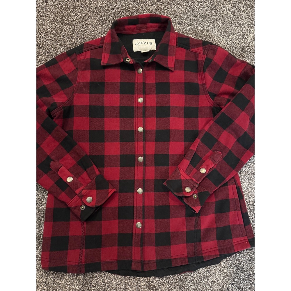Orvis Red Black Buffalo Plaid Fleece Lined Flannel Snap Front Shirt Jacket M